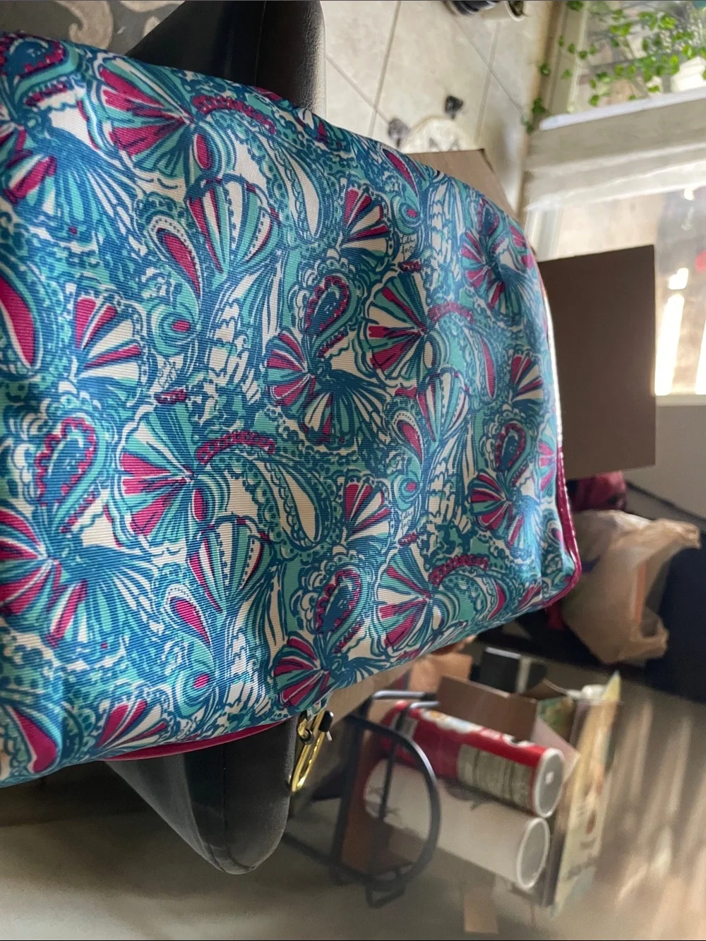 Lilly Pulitzer Teal Geometric Hanging Organizer with Pink Trim